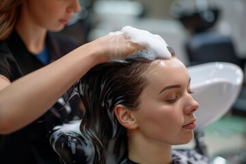 Female hairstylist washing the hair of a female client in a salon. AI generative