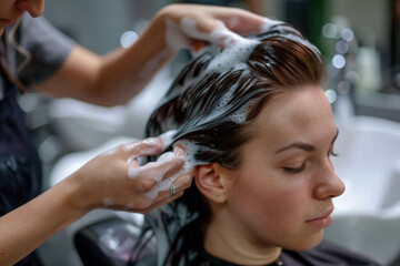 Fototapeta premium Female hairstylist washing the hair of a female client in a salon. AI generative