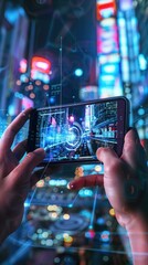 Augmented reality interface futuristic cityscape  bright colors act funny clean background realistic action