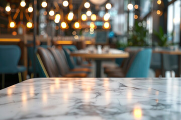 Empty marble table with a blurred in the restaurant background.