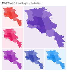 Armenia map collection. Country shape with colored regions. Deep Purple, Red, Pink, Purple, Indigo, Blue color palettes. Border of Armenia with provinces for your infographic. Vector illustration.