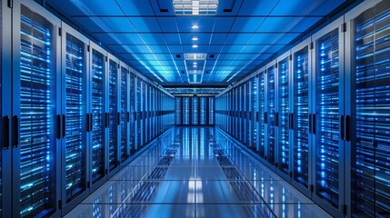 High-tech server room with rows of neatly organized blue storage racks - obrazy, fototapety, plakaty