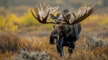 Rideaux occultants Orignal Male moose standing among dry grassland with pine forest background