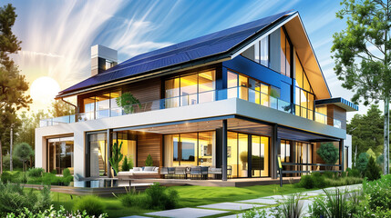 Luxury modern two-story country house with solar panel system on gable roof. Green ecology, autonomy, natural resources, 
