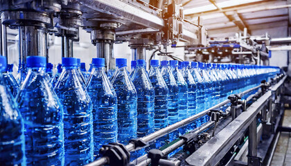 Bottling line or bottling plant of drinks in blue transparent plastic bottles in a factory. Generative Ai.