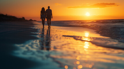 Couple Walking on the Beach at Sunset during Summer Vacation