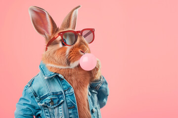 A stylish bunny in a denim jacket and sunglasses blowing a pink bubble gum bubble