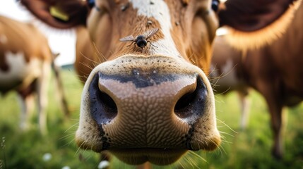 Close up photo of a fly landing on a cow's nose