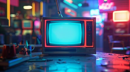 Classic 80s television with vivid neon controls in a stylized studio setting
