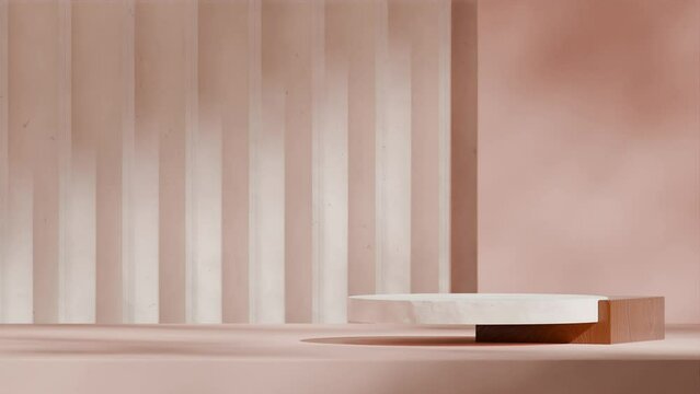 looping seamless shadow animation with wood textured pattern wall, rendering 3d footage empty scene of pink cylinder podium
