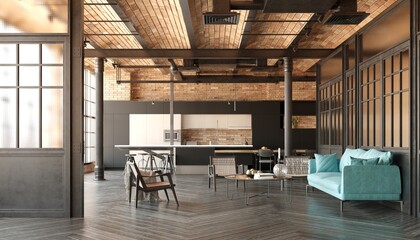 A modern loft living room with a couch, a kitchen