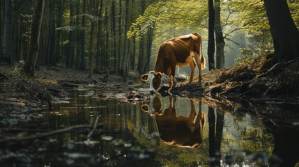 Brown cow drinking in clean river with forest background