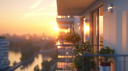 Inviting city dwellings with balconies lit by the soft radiance of the setting sun