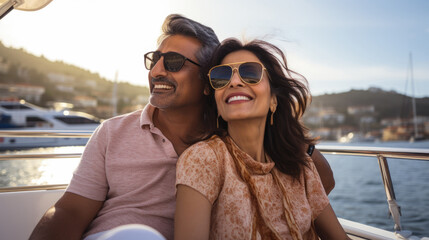 Smiling middle aged indian american couple enjoying sailboat ride in summer - 750718572
