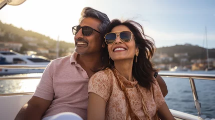Deurstickers Smiling middle aged indian american couple enjoying sailboat ride in summer © dvoevnore