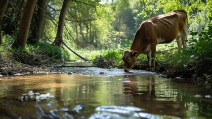 Brown cow drinking in clean river with forest background
