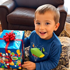 A little boy who gets a birthday present and likes it.