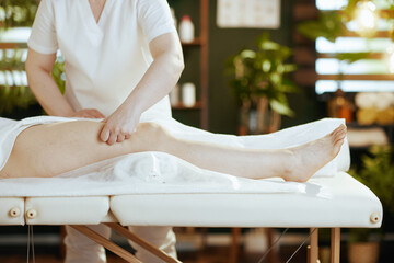Closeup on medical massage therapist massaging clients leg