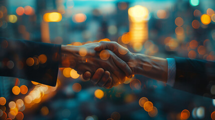 Close-up of a professional handshake captured with the warm bokeh of city lights in the background, symbolizing business agreements and partnerships - obrazy, fototapety, plakaty