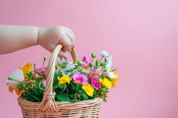a child's hands joyfully arranging a bouquet of cheerful spring flowers in an Easter basket
