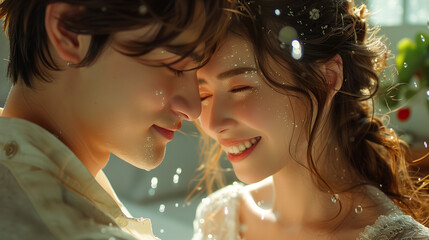 Heartfelt laughter echoing, a beautiful Asian couple's playful love, a bedroom filled with light.