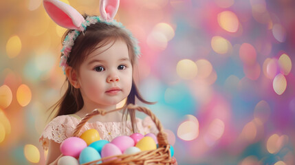 Fototapeta na wymiar Cute little child girl with bunny ears holding basket of Easter eggs on a colored background.