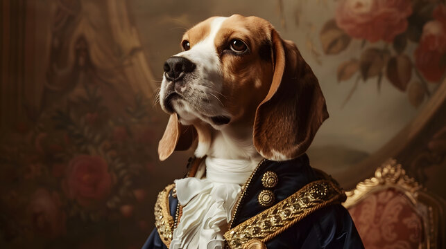 A beagle dog portrait in royal suit uniform.