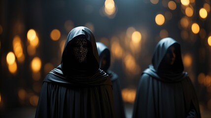 Blackrobed Figures With Obscured Faces In A Dark Background