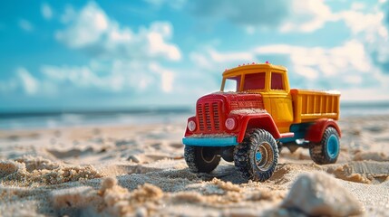 Obraz premium Shiny toy truck in bold colors ready for fun-filled sandbox adventures