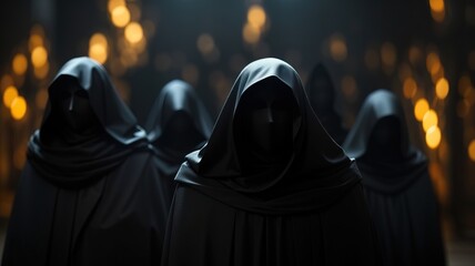 Blackrobed Figures With Obscured Faces In A Dark Background - obrazy, fototapety, plakaty