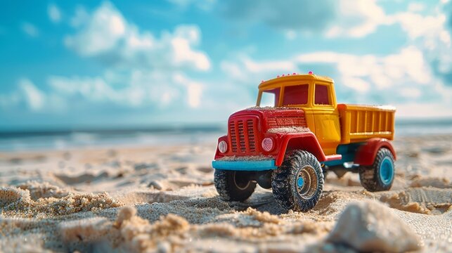 Shiny toy truck in bold colors ready for fun-filled sandbox adventures