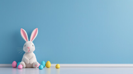 Easter bunny peeps out of the blue wall. 3d rendering - obrazy, fototapety, plakaty