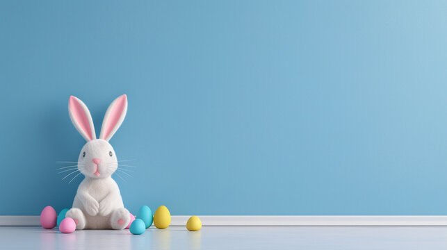 Easter bunny peeps out of the blue wall. 3d rendering