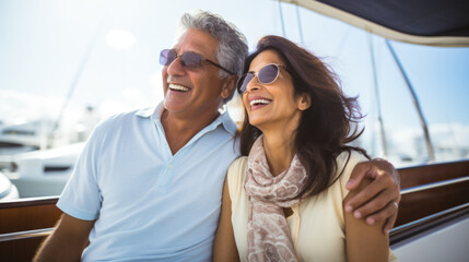 Smiling middle aged mixed race couple enjoying sailboat ride on summer day