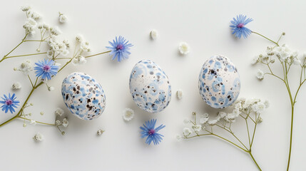 Fototapeta na wymiar Easter eggs decorated with flowers on light grey background, flat lay. Space for text