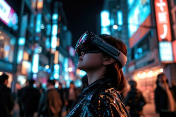 a person wearing augmented reality (AR) glasses while seamlessly navigating a busy city