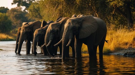 Obraz premium A colony of elephants drinking water in a river with a lush African forest in the background