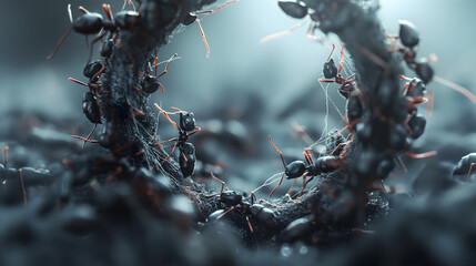 Teamwork in Nature: Ants Creating a Living Bridge in Sunlight - obrazy, fototapety, plakaty