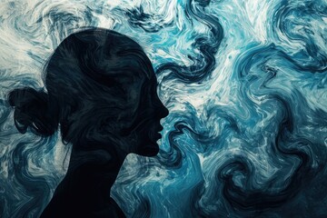 a person's profile against a backdrop of swirling abstract patterns resembling storm clouds, visually portraying the storm of anxiety within the mind