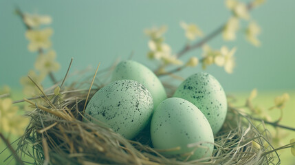 Easter eggs in the nest on light green background.Greetings and presents for Easter Day