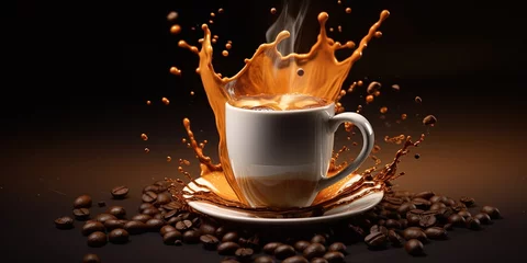 Foto op Aluminium Splash of cappucino coffee on cup and beans © Влада Яковенко