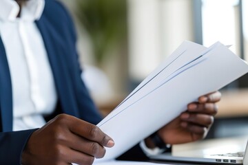 a confident job candidate's hands holding a portfolio of work samples, during an in-person interview