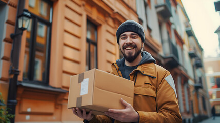 Obraz premium Delivery Man Holding a Package in the City