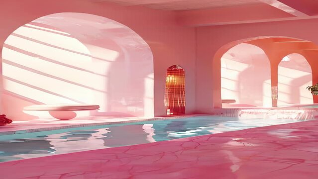 a spa in a pink room with a swimming pool
