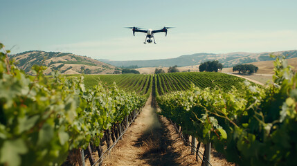 Drone Flying Over Vineyard Rows with Scenic Hills in Background