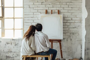 a couple painting in an artistic setting with a blank canvas copy space