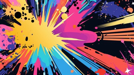 a pop art universe with a blank cosmic background, filled with explosive bursts of color and abstract shapes