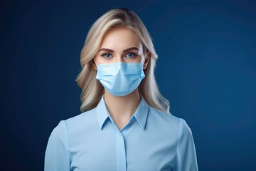 Professional Caucasian business woman Wearing Protective Mask on blue background.