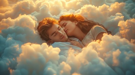 man and a woman sleeping in a comfortable cloud in the sky, the photo suggests extraodinary comfort, they have a relaxing and quality sleep, close view photo from above - obrazy, fototapety, plakaty