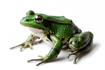 Close-up Image of a Green Frog on a White Background - obrazy, fototapety, plakaty